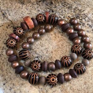 Tribal Chunky Beaded Short Necklace- 18 inches- Stone, Wood, Copper Tone Metal